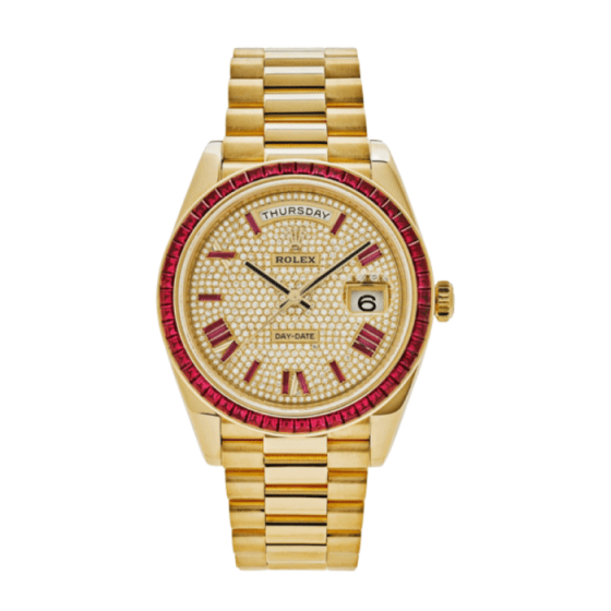 Day-date yellow gold roman dial ruby bezel 40mm
